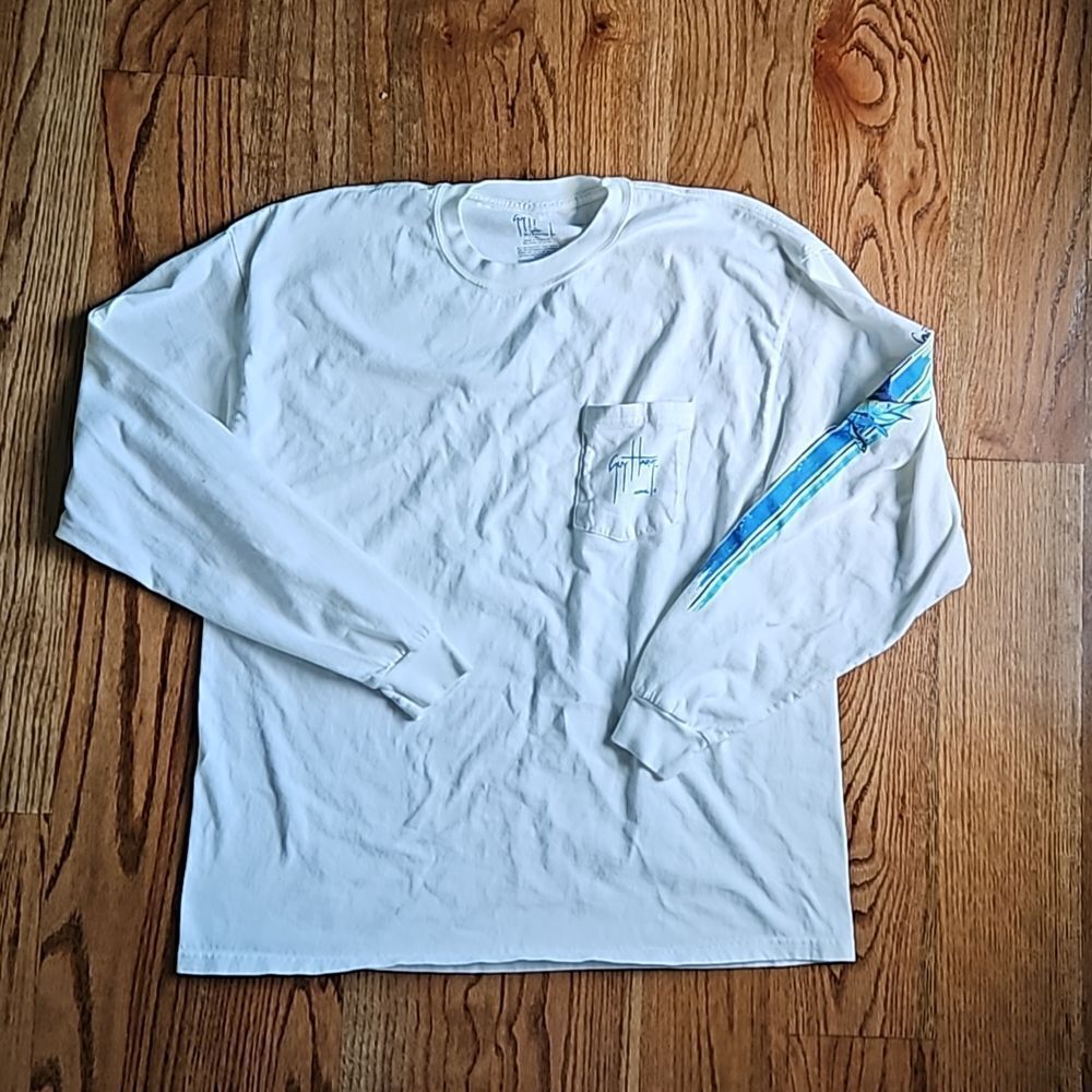 GUY HARVEY White Marlin Long Sleeve T shirt with Front Pocket, Size XL